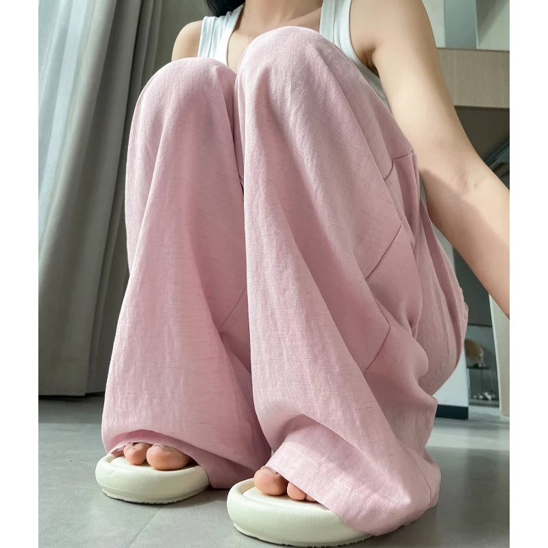 2025 Summer New Cotton and Linen Women's Wide Leg Pants Solid Ice Silk High Waist Straight Casual Loose Suit Trousers Female