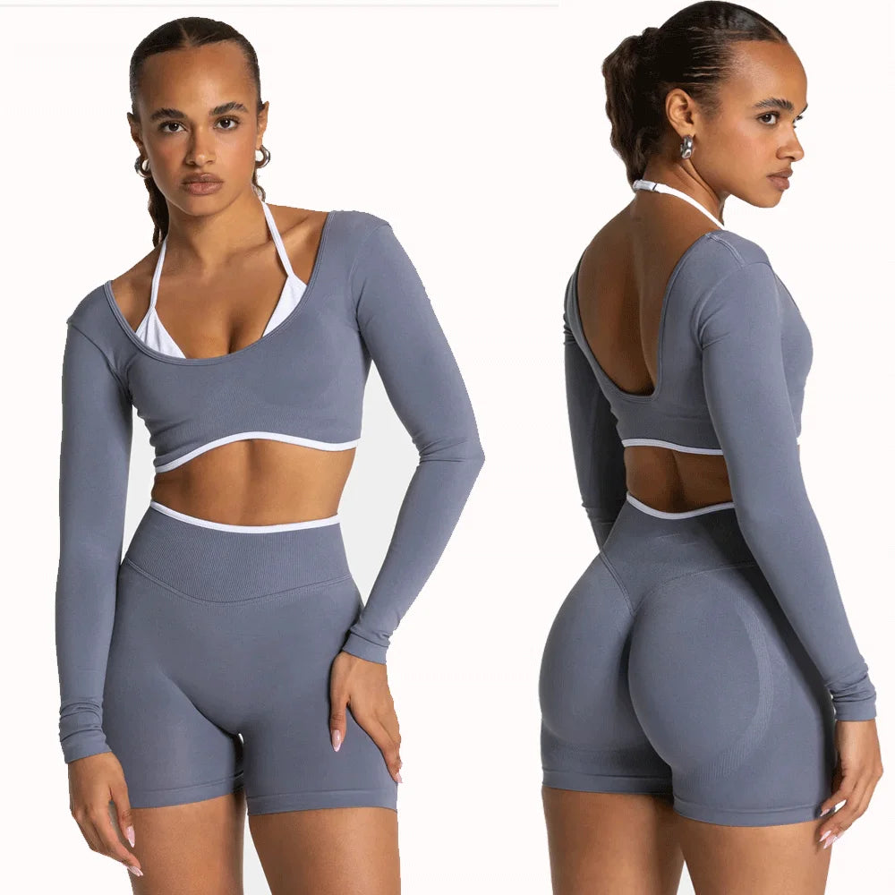 Seamless Fake Two-piece Long Sleeved Yoga Top  Women's Running and Fitness Sports Top Suit Top
