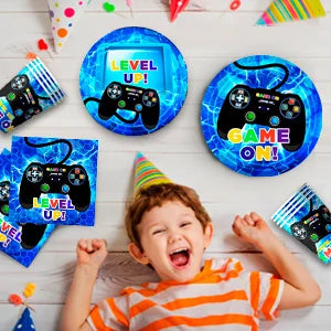 Gamer Birthday Decorations Blue, 65pcs Gaming Party Tableware Set - Game Themed Party Plate Cups Napkins Tablecloth etc