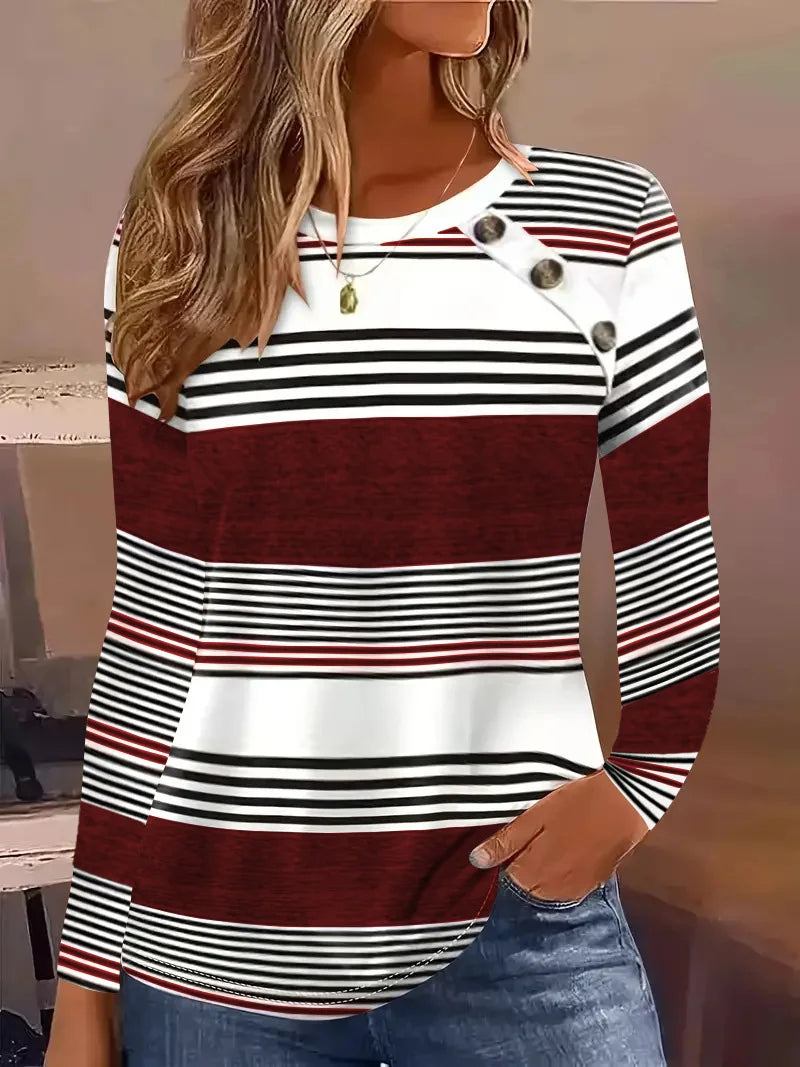2024 New Autumn Round Neck Long Sleeve Striped Button T-shirt Simple Fashion Women's Top