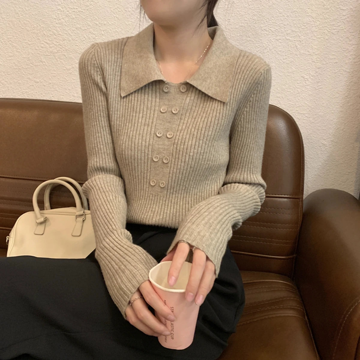 Turn-Down Collar Ribbed Pullover Sweater Women Autumn Winter Slim Long Sleeve Soft Warm Sweaters Ladies Knitted Tops