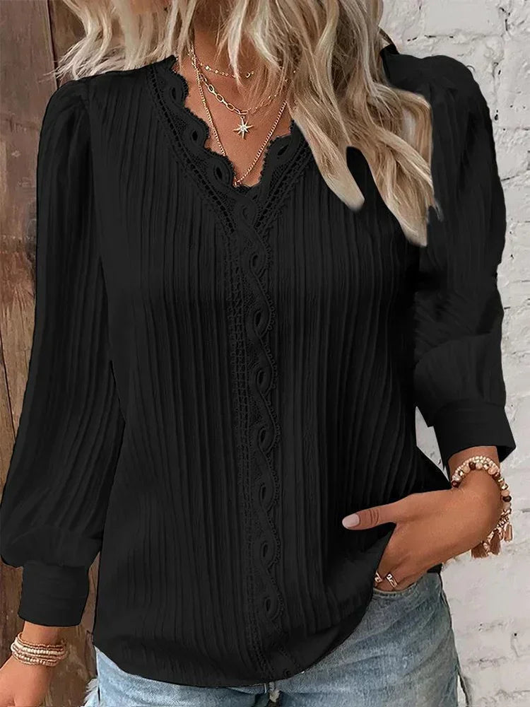 Stitching V-neck Long Sleeve Women's Pullover Chiffon Shirt Lace Stitching Shirt Loose Fall Top Simple Elegant Street Blouse