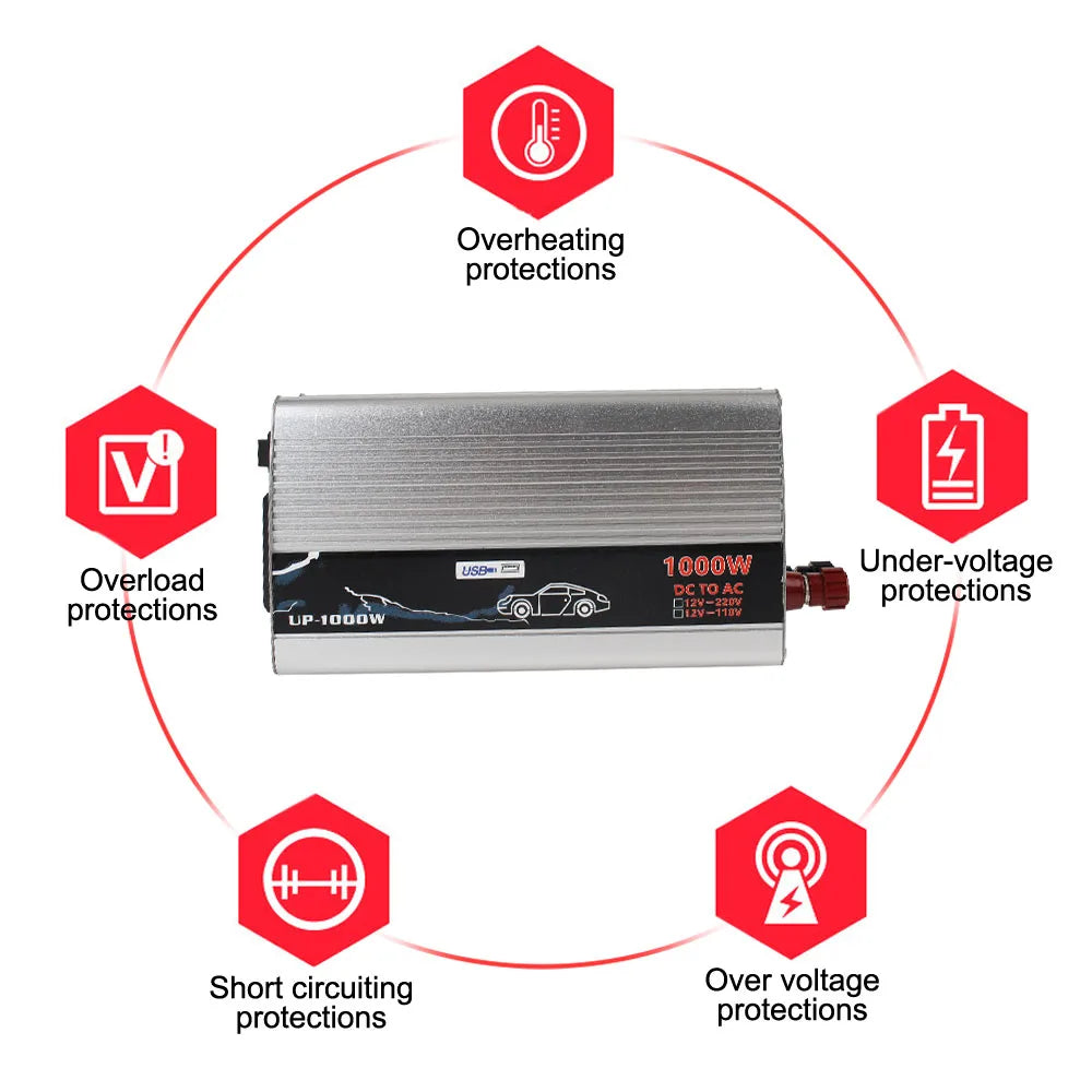 1000W Electronic Voltage Transformer Pure Sine Wave Power Inverter for Car Home Laptop Truck 12V to 110V 220V