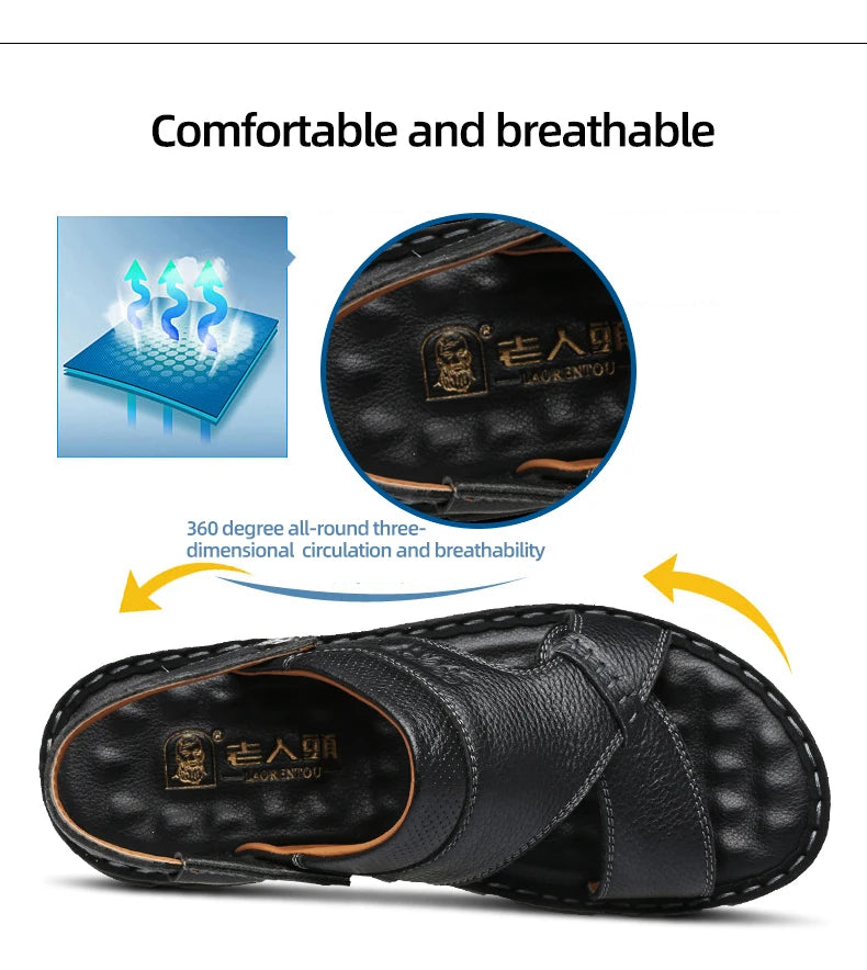 LAORENTOU cowhide breathable outdoor leisure beach shoes, anti slip thick sole leather sandals for external wear