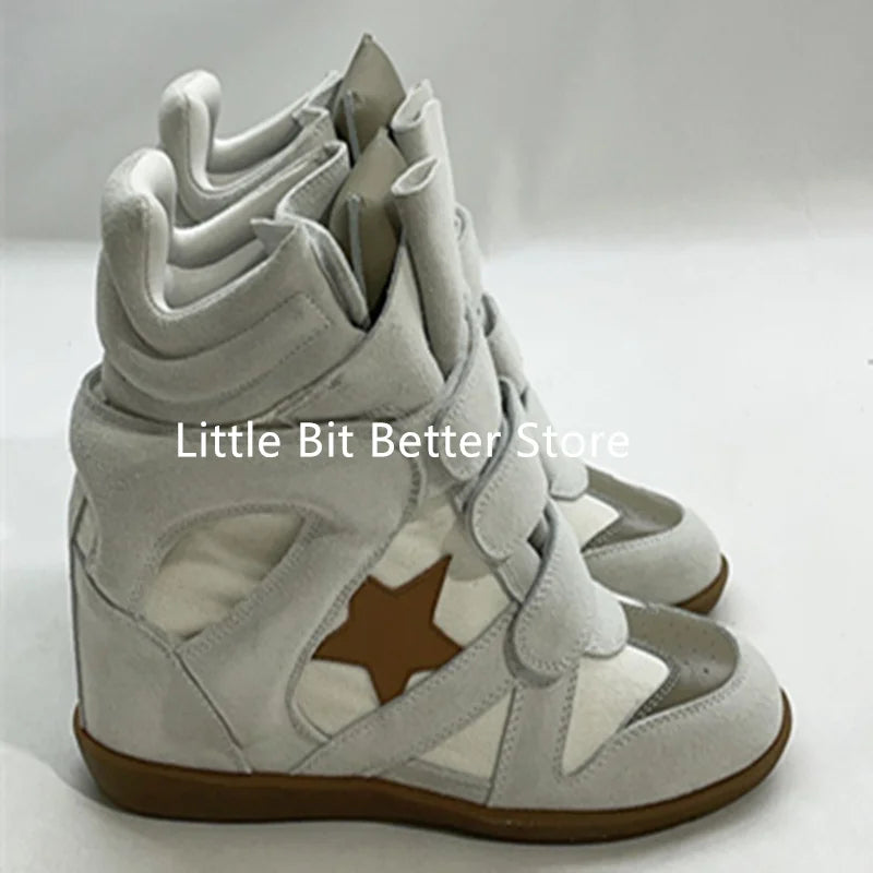 A Genuine Leather Casual Shoes Women's 2026 Summer Breathable Hollow Hidden Wedges Sneakers Hook Loop Trainers High Top