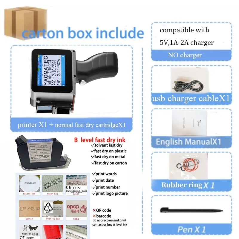 with cartridge: G1760 12.7mm printing gun QR Bar Batch Code Date Logo Expiry Label Portable mini Handheld Thermal Inkjet Printer