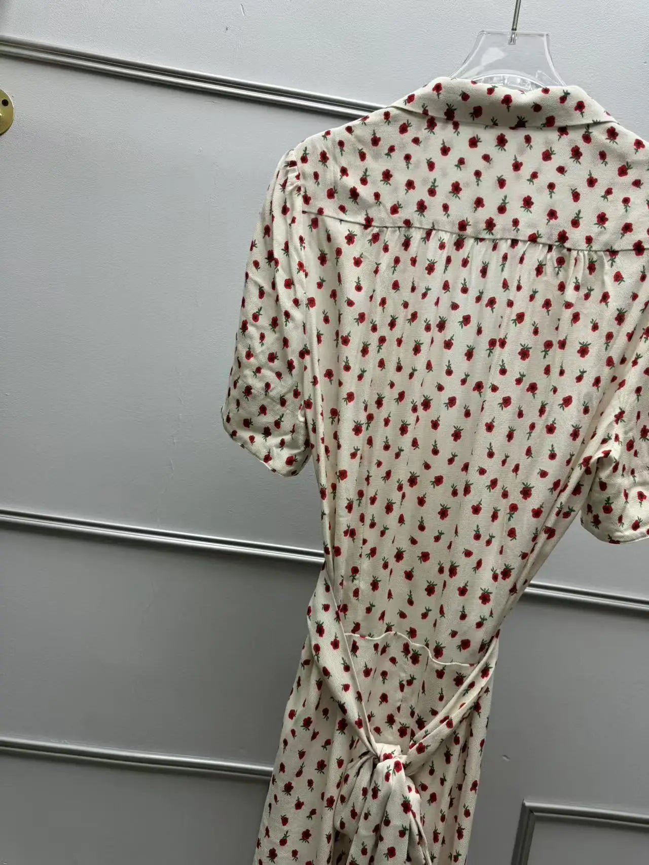 Women's Rose Printed Dress Prairie Chic Spring Summer Lady Short Sleeve Turn-Down Collar Waist Lace-Up Robe