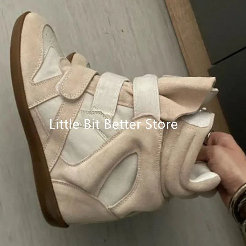 A Genuine Leather Casual Shoes Women's 2026 Summer Breathable Hollow Hidden Wedges Sneakers Hook Loop Trainers High Top