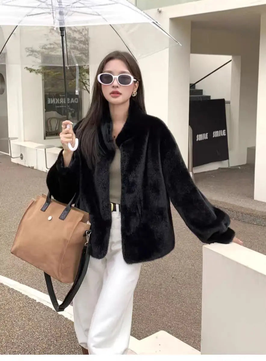 Spring Autumn Lady Short Leather Fur Outwear 2024 Women Fashion Stand Collar Mink Fur Top Female Long Sleeves Fox Jacket
