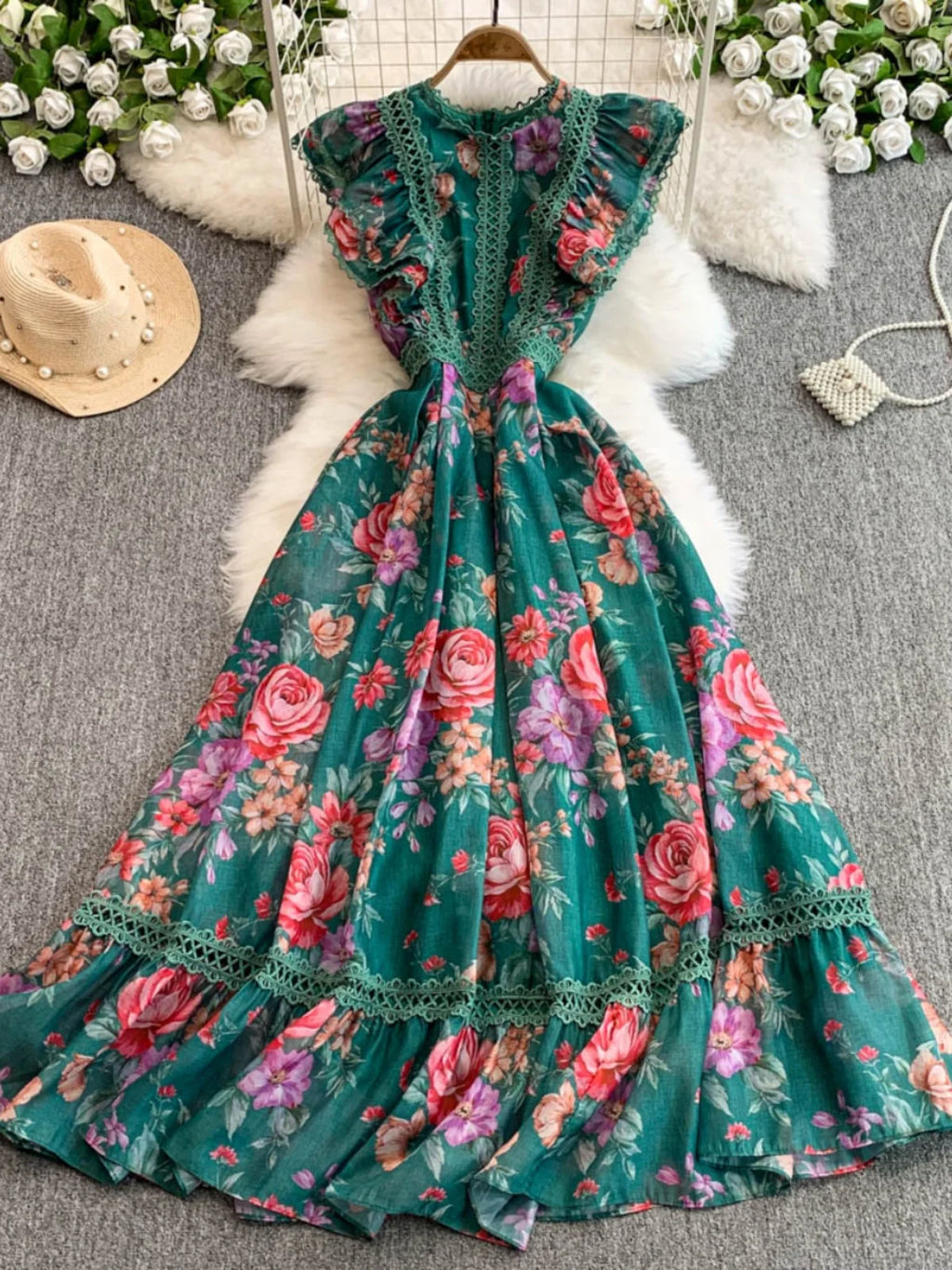 Ele Lace Splice Waist Cinching Long Dr Korean Sle Print Blouse Svel Midi Skirt High Waist A-Line Silhouette