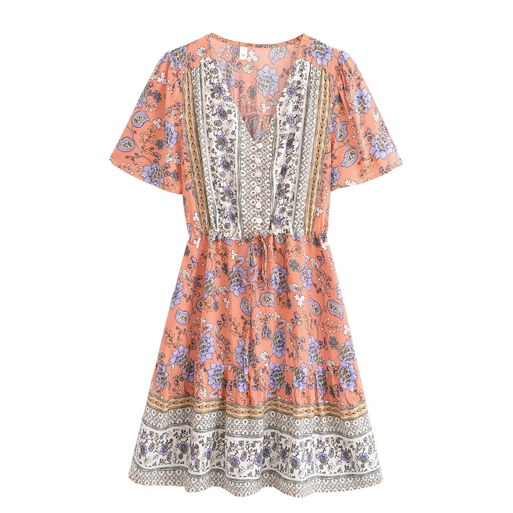 Boho Queens Women Wild Floral Print Deep V-neck Summer Bohemian Mini Dresses Robe Lady Short Sleeve Beach Boho Dress Vestidos