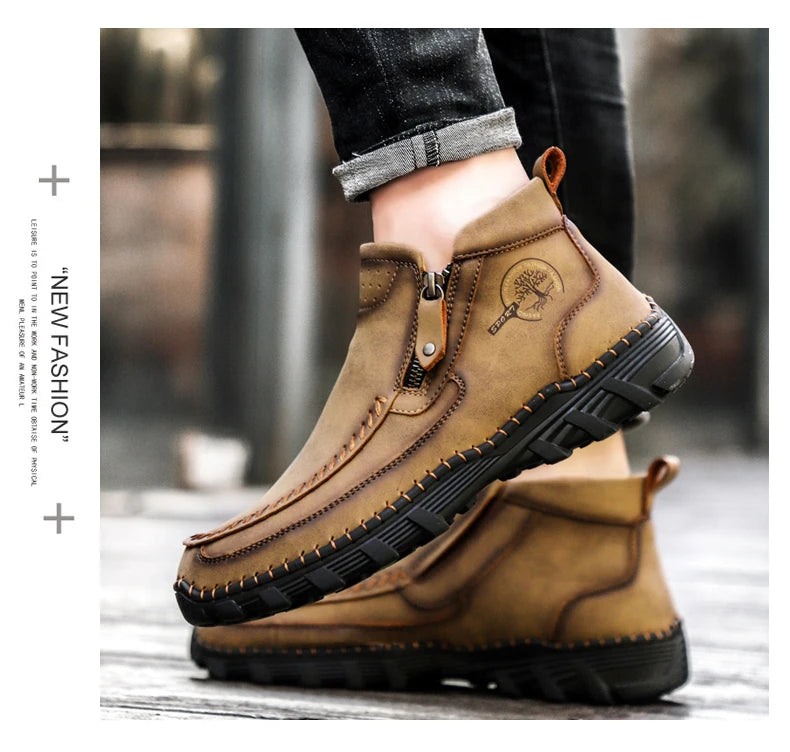 Men Boots Autumn Winter New Handmade High-top Casual Shoes Outdoor Non-slip Hiking Men Shoes Zipper Ankle Boots Plus Size 38-48