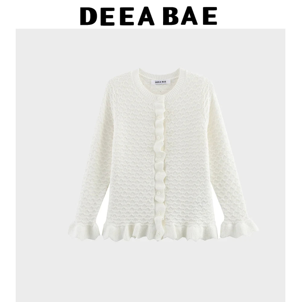 DEEABAE Spring Women's French Style Design With Layered Decorative Buttons And Round Neck Long Sleeved Knitted Jacket