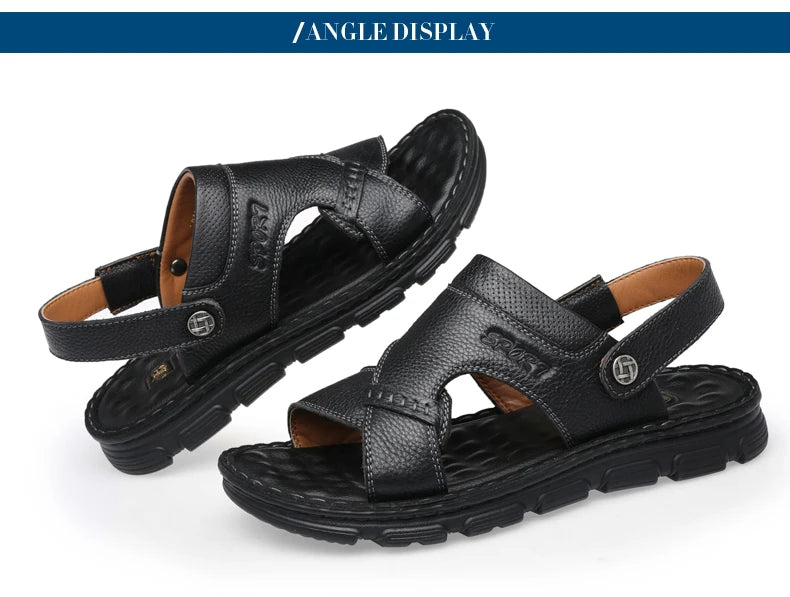 LAORENTOU cowhide breathable outdoor leisure beach shoes, anti slip thick sole leather sandals for external wear