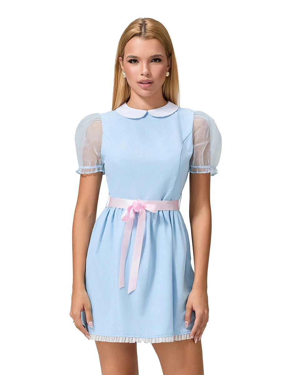 Women Summer Mini Sweet Dress Short Sheer Mesh Sleeve Doll Collar Dress with Belt