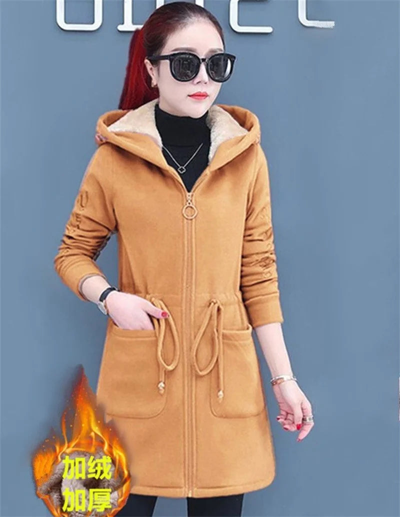 Plus Velvet Thick Lamb Plush Jacket Women 2025 New Autumn Winter Parkas Lace-Up Of Hooded Loose Long Embroid Trench Coat Female
