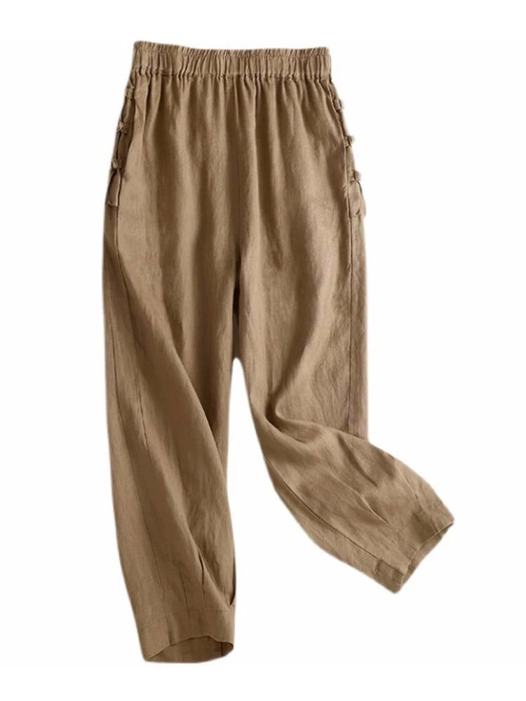 Japan Style Cotton Harem Pants Female Retro Buttons Casual Loose Ankle-Length Trousers for Women Pantalones Mujer