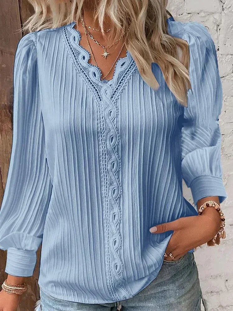 Stitching V-neck Long Sleeve Women's Pullover Chiffon Shirt Lace Stitching Shirt Loose Fall Top Simple Elegant Street Blouse