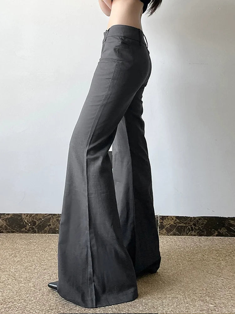 Gray Low Waisted Wide Leg Flare Pants Office Elegant Women's Casual Slim Pantalones Korean Fashion Formal 2025 New Trousers