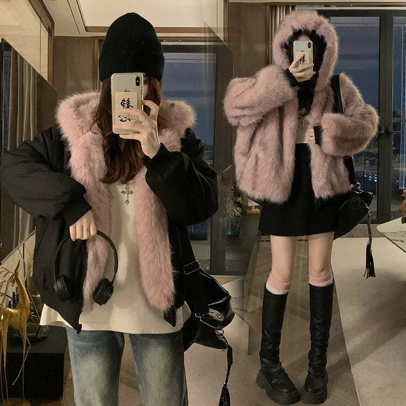 Two-sided Wear Imitation Mink Velvet Fur Hooded Cotton Padded Jacket Fashion New Winter Jackets Women's Short Loose Coats Trend