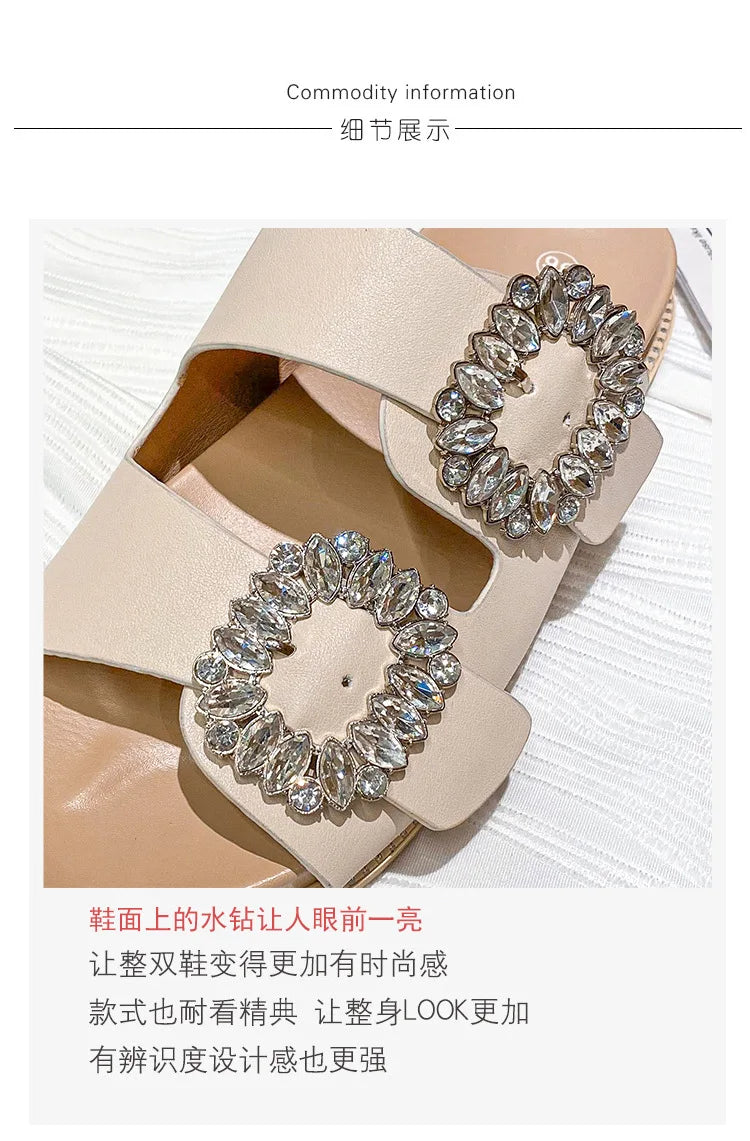 2025 Brand Rhinestone Buckle Sandals Women Double Band Slippers Crystal Shoes Ladies Casual Slides Slip On Flat Heels Flip Flops