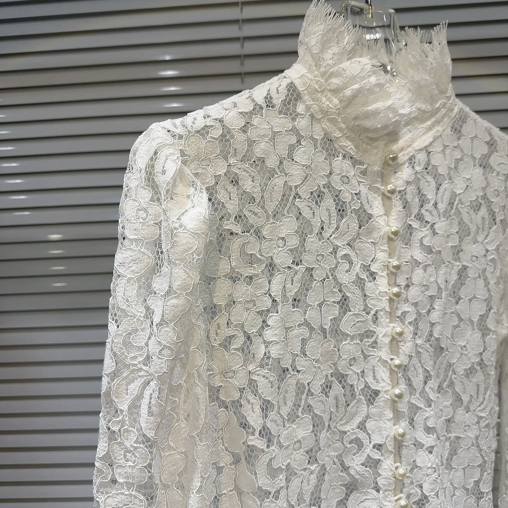 KTCZ Solid Spliced Lace Hollow Out Blouse For Women Long Sleeve Single Breasted Patchwork Print Minimalist Chic Blouse Female