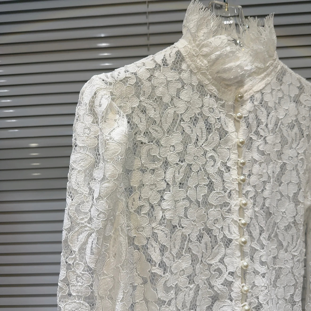 KTCZ Solid Spliced Lace Hollow Out Blouse For Women Long Sleeve Single Breasted Patchwork Print Minimalist Chic Blouse Female