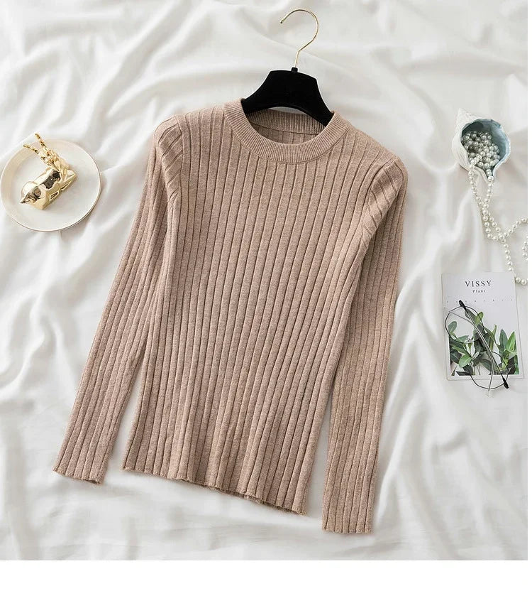 Autumn Winter 2025 Tops Pullovers Women Sweaters Knit Soft Jumper Tops O-Neck Ribbed Long Sleeve Korean Slim-fit Female Sweater