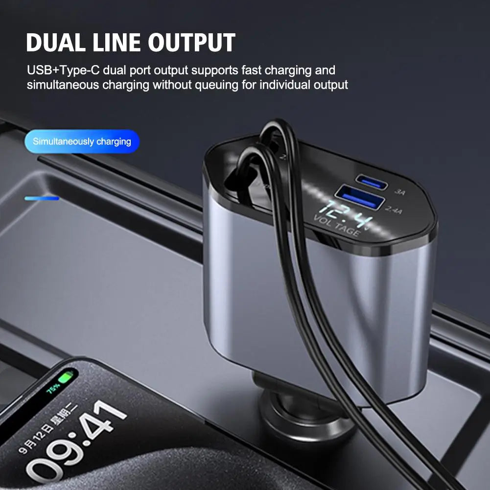 100W Car Charger Dual Type-c Interface Fast Charging The Two Supports Same Devices At Design Time Retractable Charging Tool