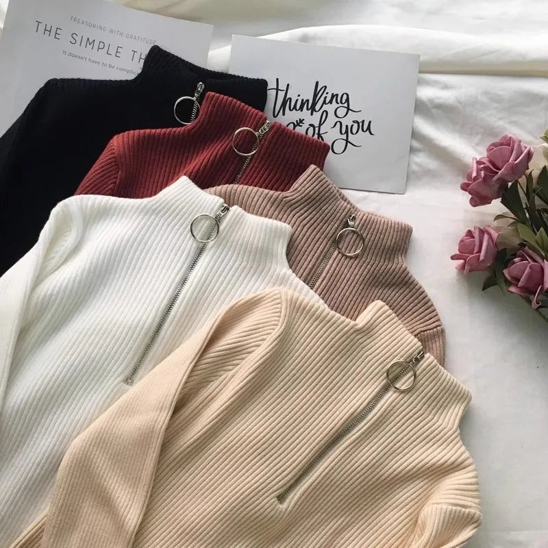 Autumn Winter Turtleneck Women Sweater Long Sleeve Zipper Neckline Knitted Pullover Female Sweater Slim Basic Knitted Jumpers