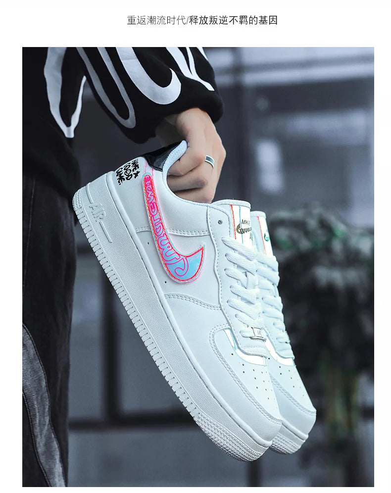 Aj1 Men's Air Force One Men's Shoes Video Game Pixel White Laser Joint Low-Top Sneakers Casual White Shoes