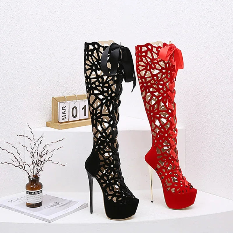 16CM Thin High Heels Sexy Nightclub Hollow Out Over The Knee Boots Women Peep Toe Lace-Up Zip Platform Shoes Sandals