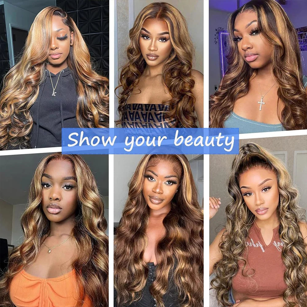 P4/27 Body Wave Wigs Human Hair 36 Inch Highlight 200 Density HD Transparent Frontal Lace Wigs Human Hair For Black Women