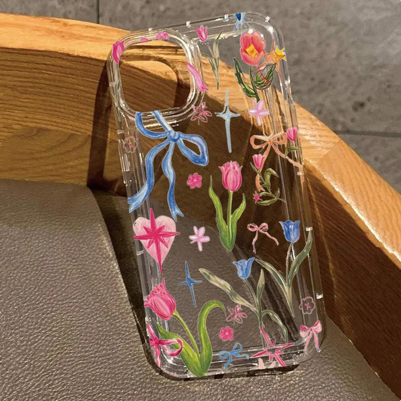 Transparent Fruit Juice Flower Pattern Phone Case For iPhone 17 16 14 11 12 13 15 Pro Max 14 Plus 17 Air Shock-Absorbing Cover