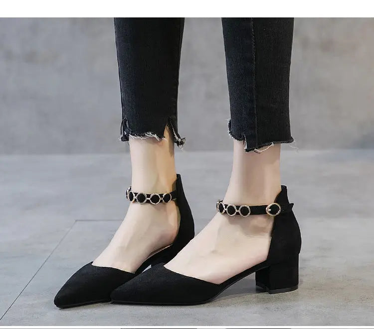 Small Size 31-34 Fashion Closed Toe Sandals Low Heeled Woman Ankle Strap Shoes Pointed Thick Heel Sandalias De Mujer Ladies Shoe