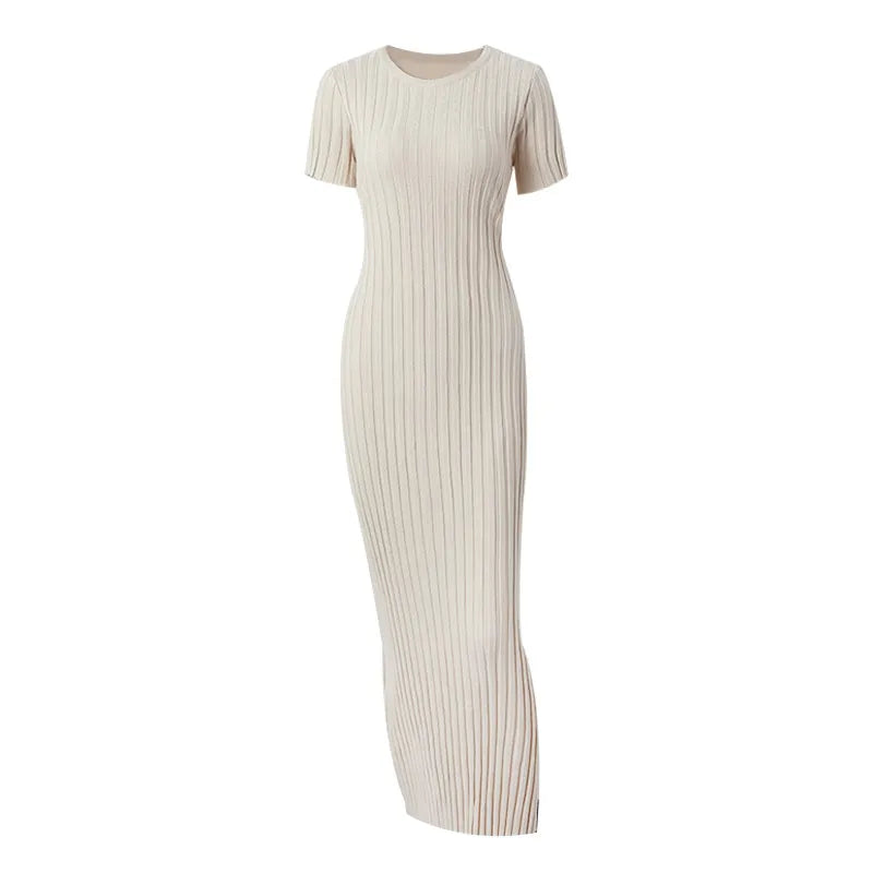 Knitted Women Long Dress Short Sleeve Pleated Lady Dresses 2024 Fashion Autumn Winter Hip Package O Neck Female Vestidos