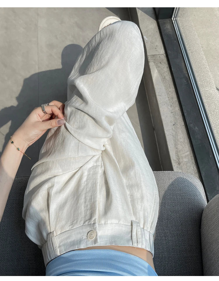 2025 Summer New Cotton and Linen Women's Wide Leg Pants Solid Ice Silk High Waist Straight Casual Loose Suit Trousers Female