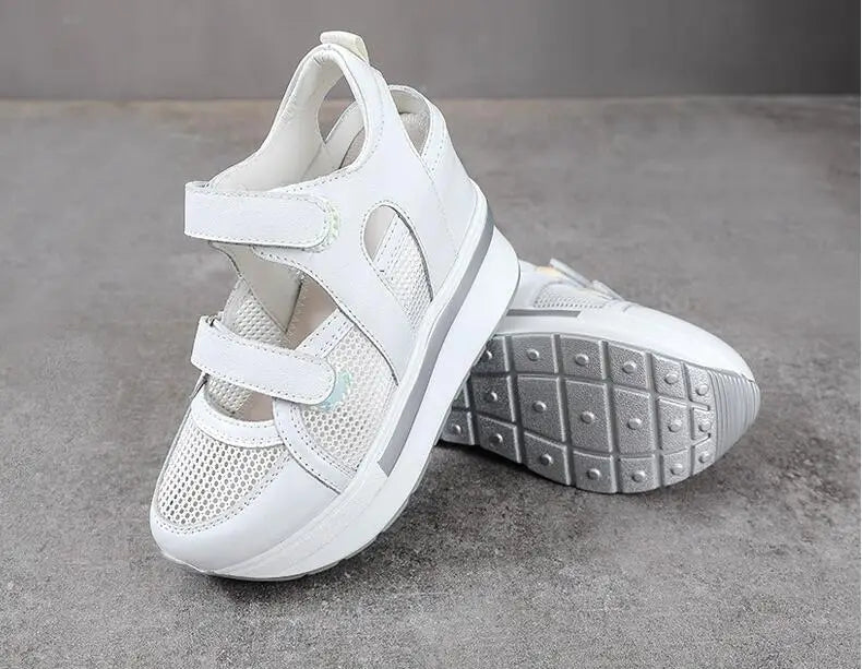 10cm Air Mesh Genuine Leather Platform 2025 Wedge Flats Sneakers Hook Summer Women Comfy Fashion Chunky Sneaker Sandals Shoes