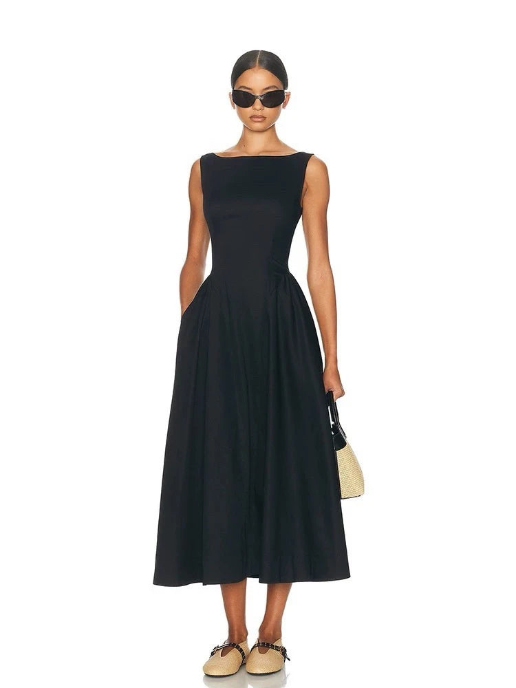 2025 New Hepburn Style Organic Cotton Temperament Backless Long Black Dress for Women