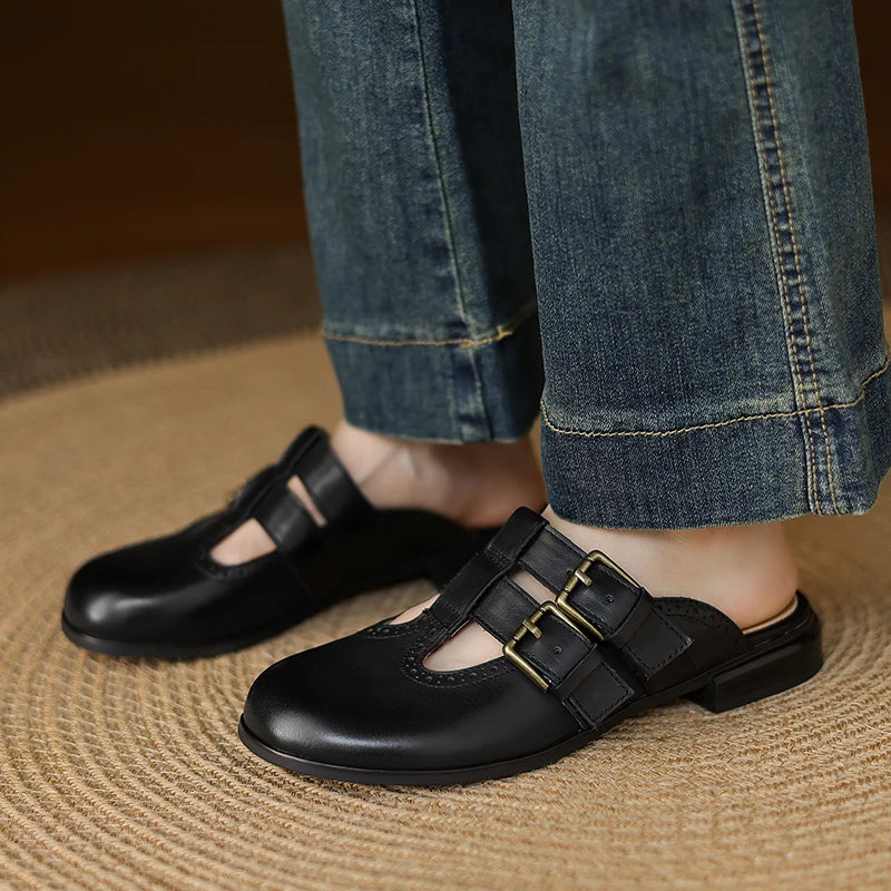 New Fashion Sandal Women Pumps Shoes Sexy Slingback Heels Retro Leather Party Casual Summer Round Toe Shoes Mueller Slippers