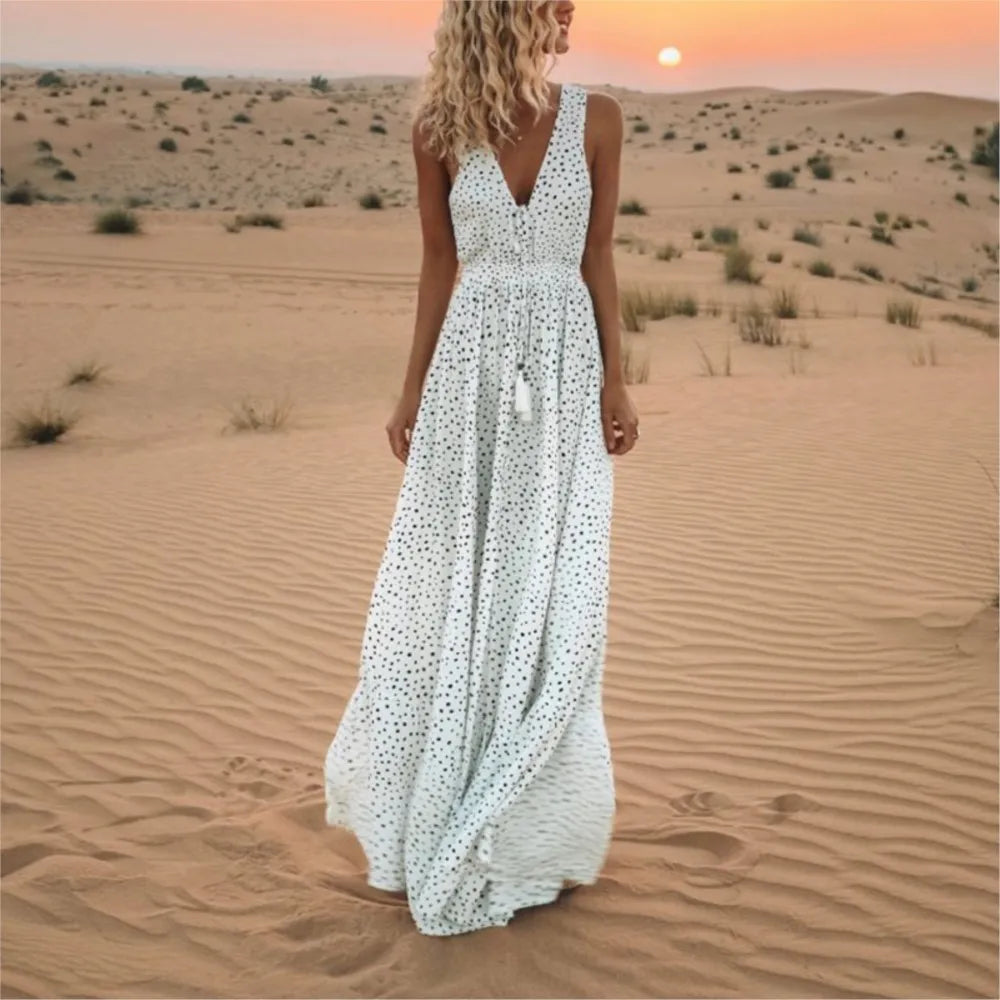 Fashion Print Sleeveless Long Dress 2025 Summer Casual Boho V Neck Loose A Line Dress Elegant Beach Party Dress Robe Femme