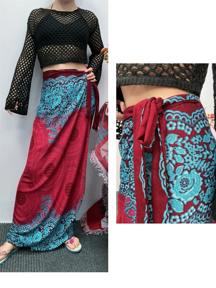 Women’s Boho Maxi Wrap Long Skirt Tie Up Beach Cover Up Dress Vintage Bohemian Adjustable High Waisted Holiday Rayon Dress