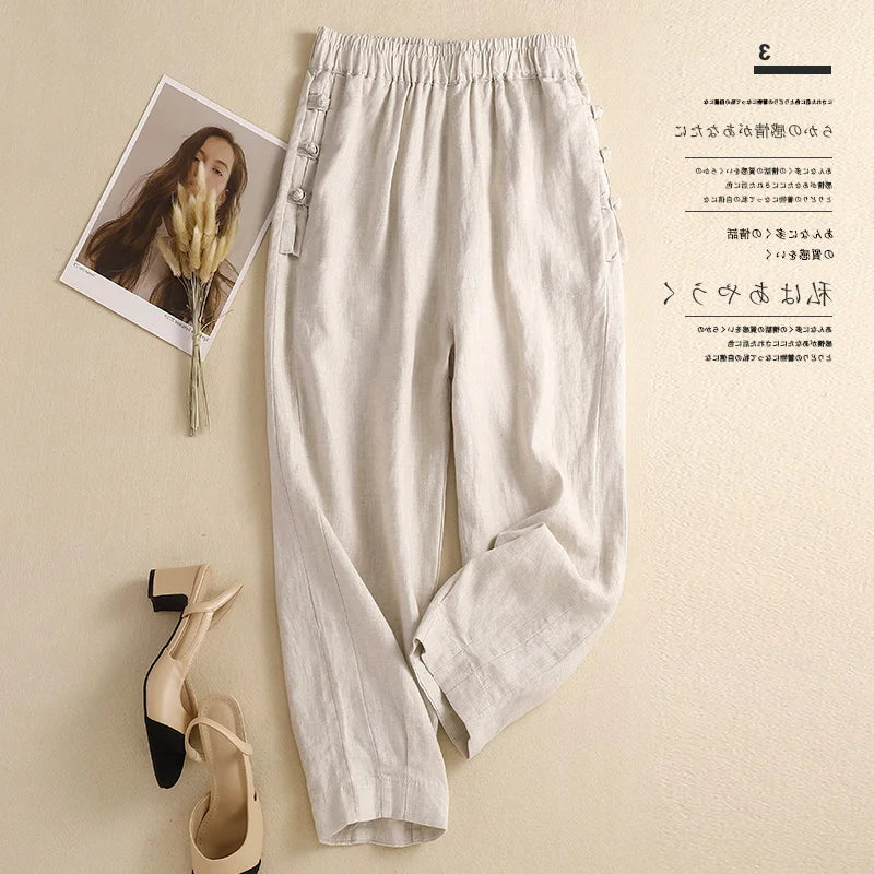 Japan Style Cotton Harem Pants Female Retro Buttons Casual Loose Ankle-Length Trousers for Women Pantalones Mujer