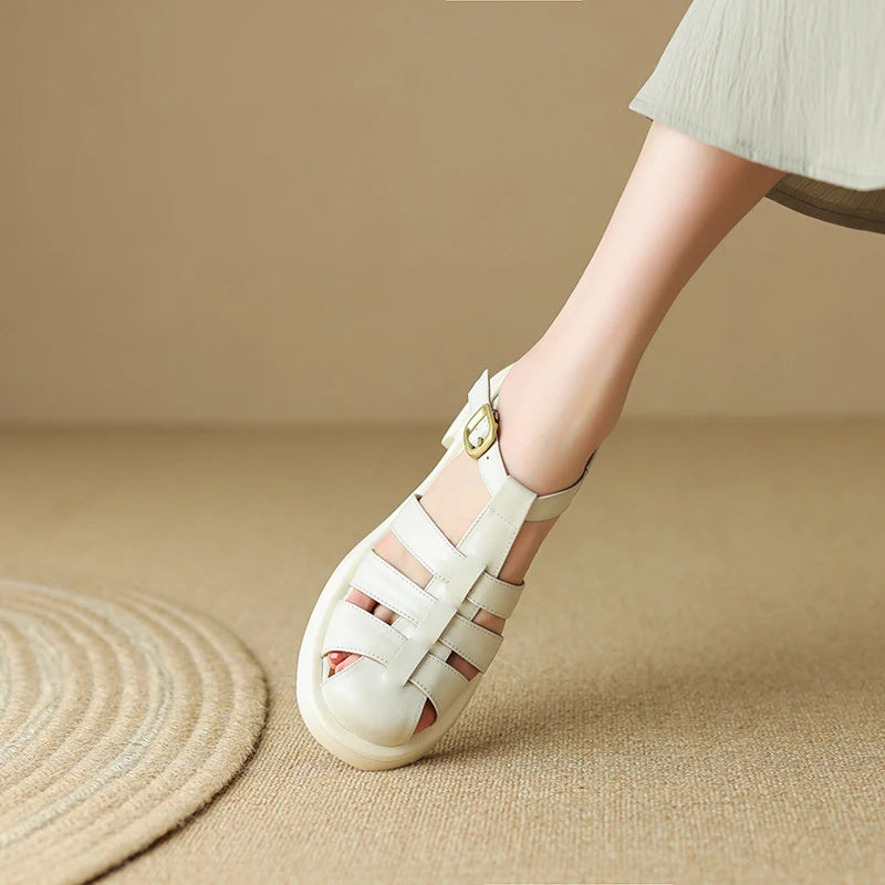 New Summer Sandals Genuine Leather Luxury Roman Sandals Casual Buckle Strap Summer Shoes GLADIATOR Thick Heel Women Shoes