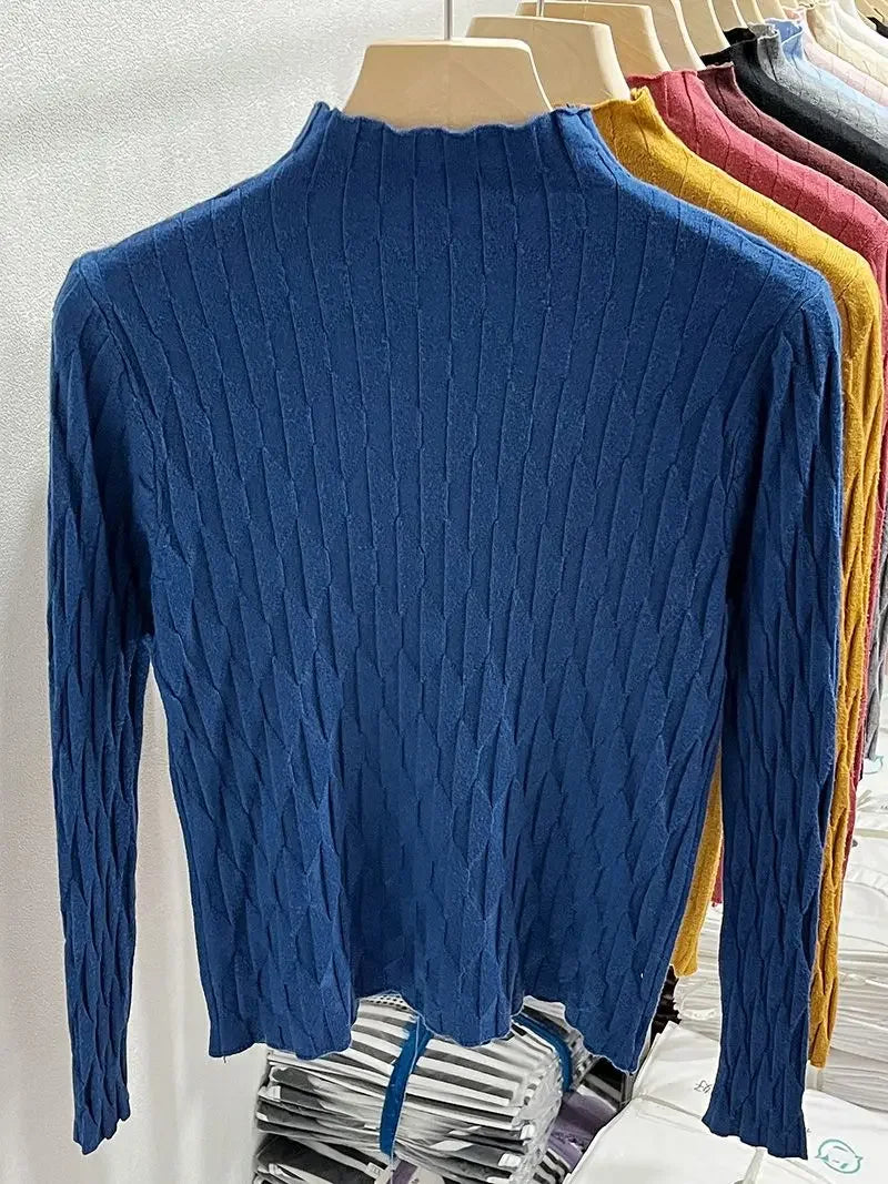 2025 Slim Fit Knitted Base Pullovers Autumn Winter Turtleneck Sweater Women's Solid Long Sleeve Casual Ruched Sweater