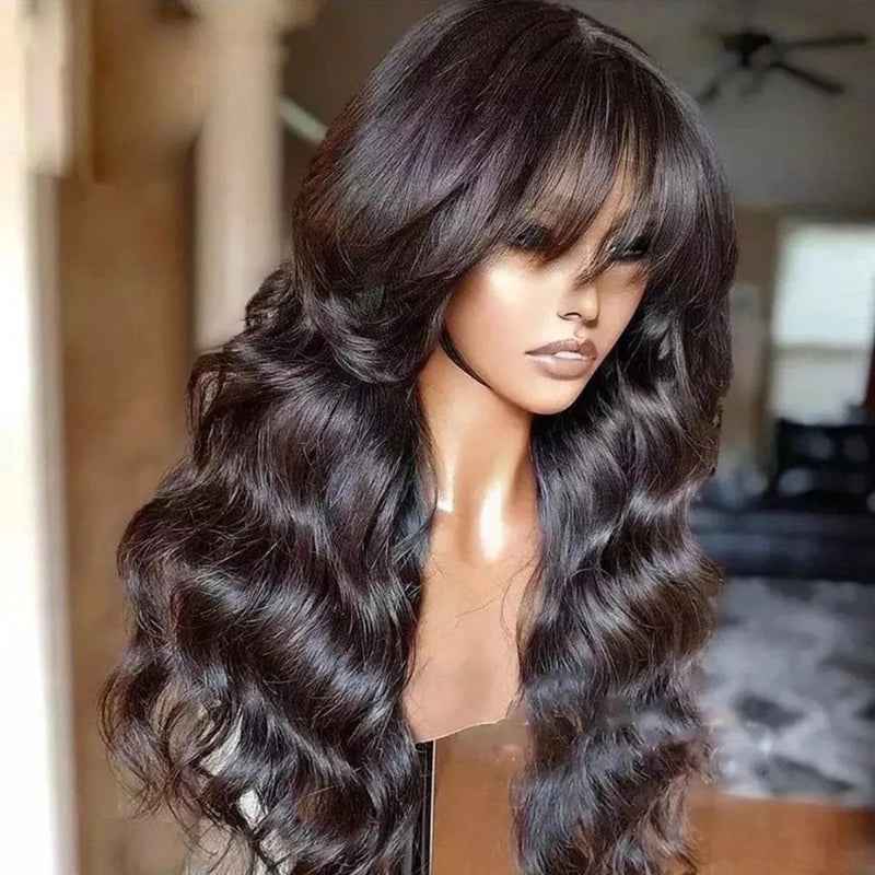 Body Wave Human Hair Wigs With Bangs Peruvian Cheap Glueless Wigs On Sale Clearance Full Machine Made Wig With Bangs For Woman