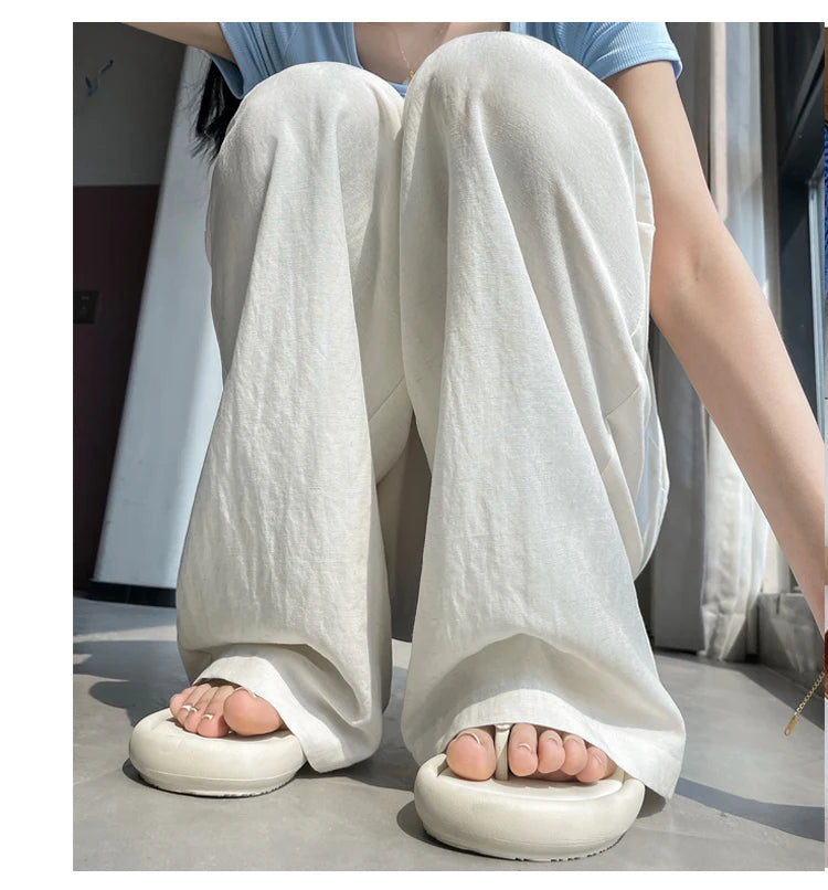 2025 Summer New Cotton and Linen Women's Wide Leg Pants Solid Ice Silk High Waist Straight Casual Loose Suit Trousers Female