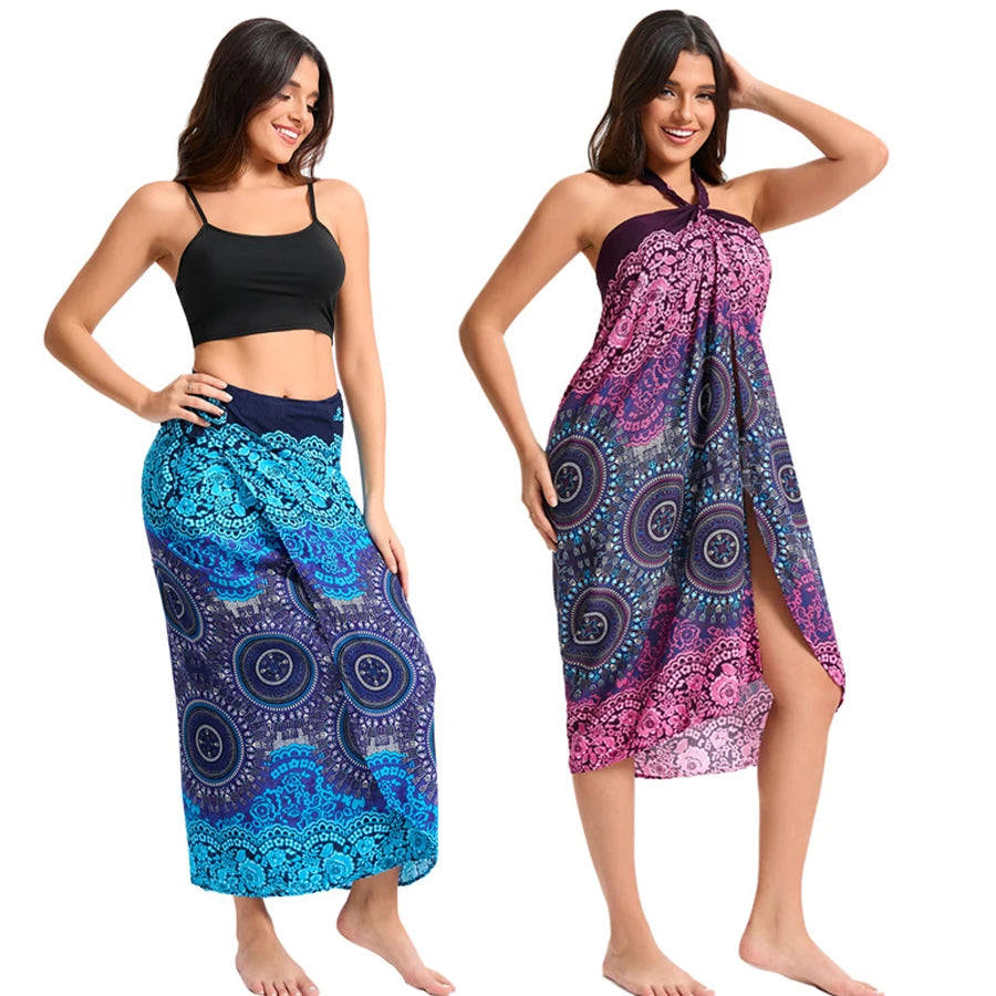 Women’s Boho Maxi Wrap Long Skirt Tie Up Beach Cover Up Dress Vintage Bohemian Adjustable High Waisted Holiday Rayon Dress