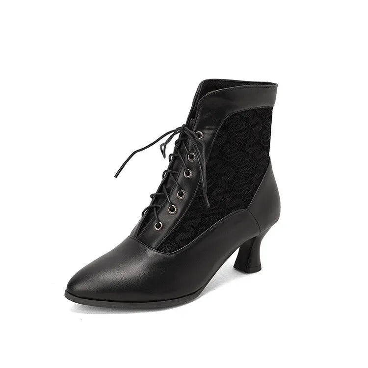 Women Victorian Ankle Boots Leather Lace Heel Shoes for women  Fashion Lace Up Spliced Ladies High Heels Woman Boots Ankle 46