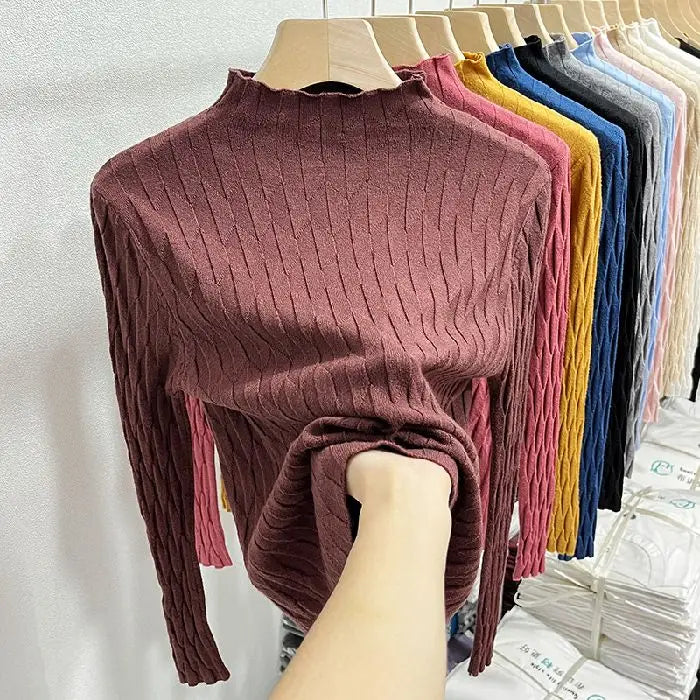 2025 Slim Fit Knitted Base Pullovers Autumn Winter Turtleneck Sweater Women's Solid Long Sleeve Casual Ruched Sweater